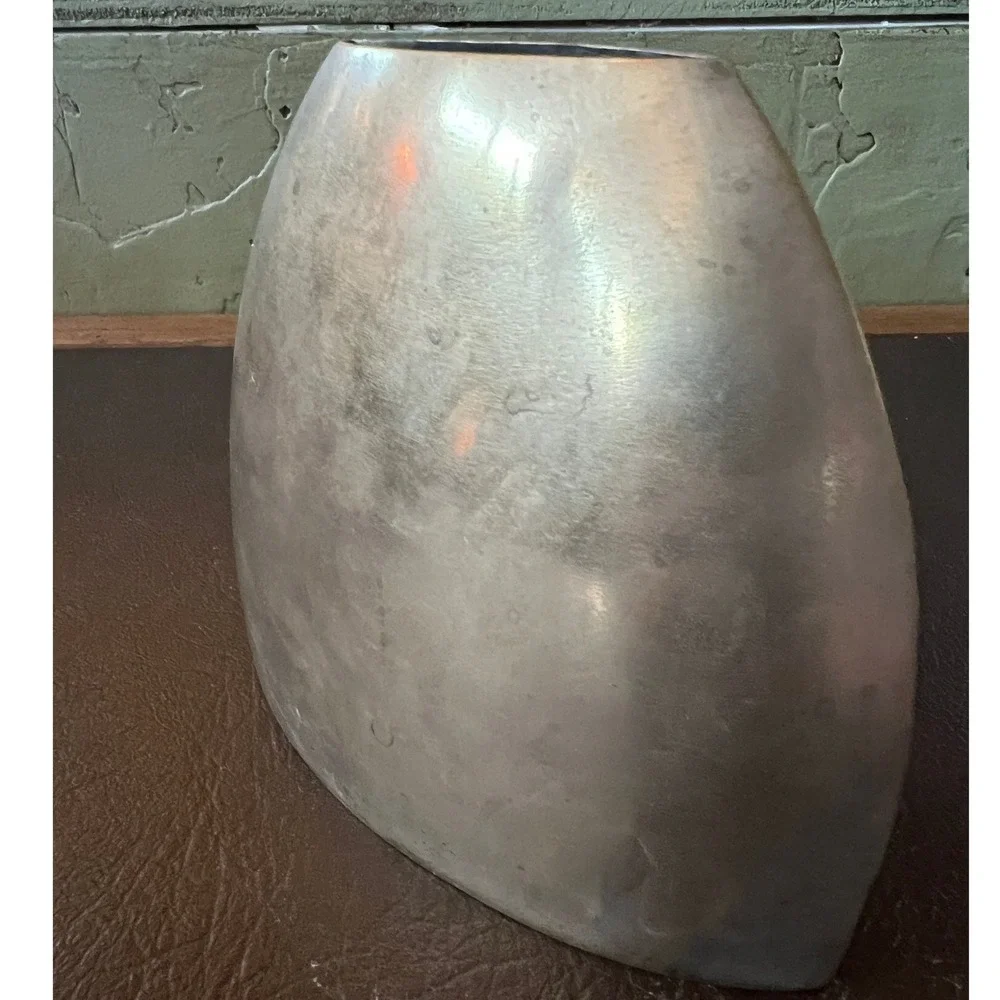 Vintage Aged Modernist Brass Vase Sculptural Elliptical Vessel Mid Century Decor